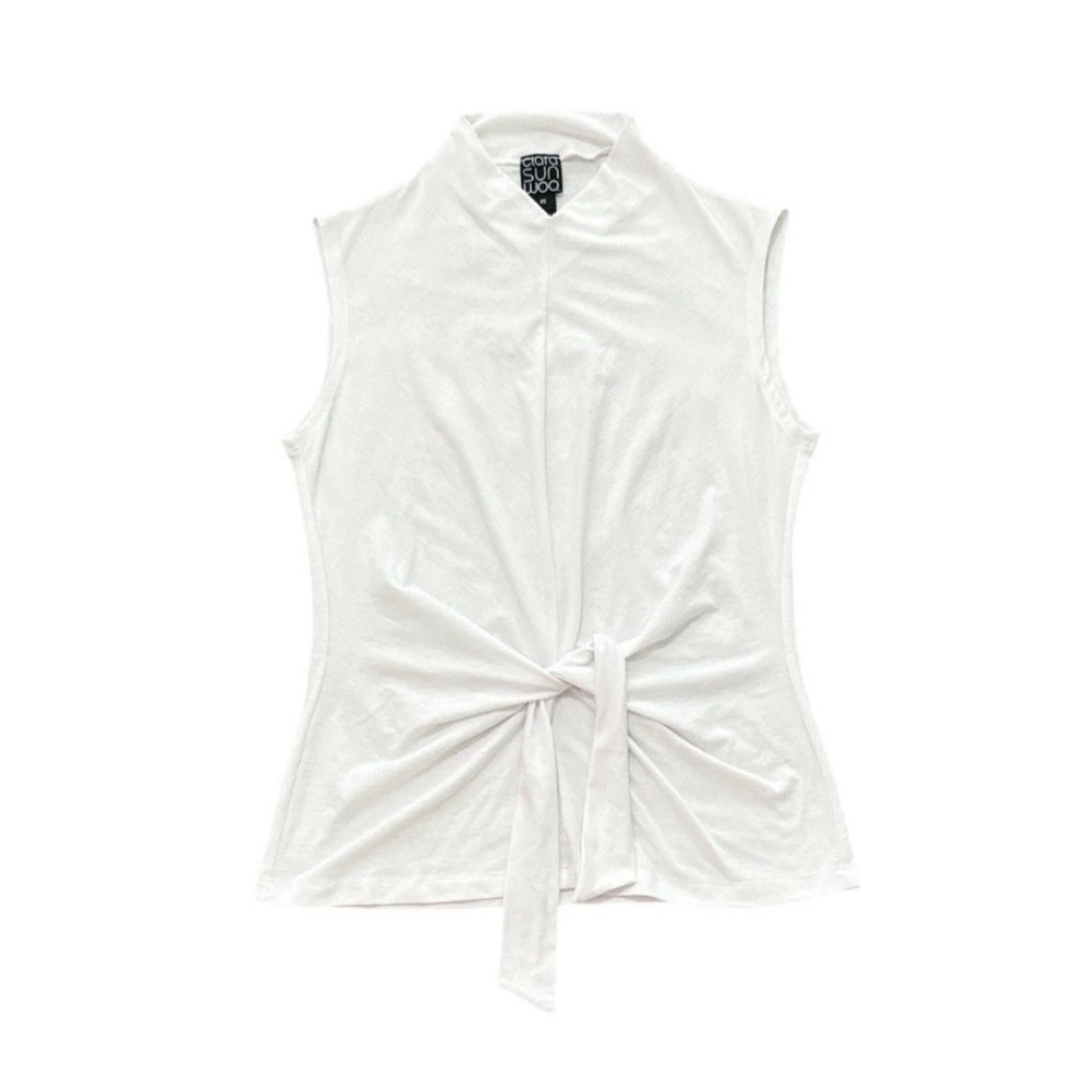 Clara Sun Woo Women’s White Mock Neck Waist Tie Sleeveless White Blouse Size XS